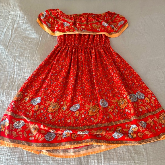 Off Shoulder Boho Floral Swing Mini Dress Summer Strapless Pleated Short Dress - Picture 3 of 4